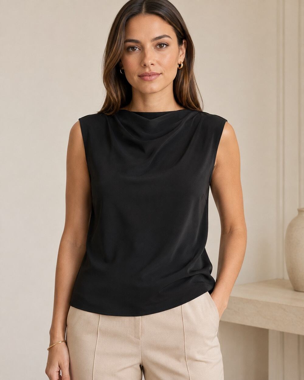 Quiet Luxury Draped Cowl Neck Shell M.M.LaFleur Black Sleeveless Top Workwear XS